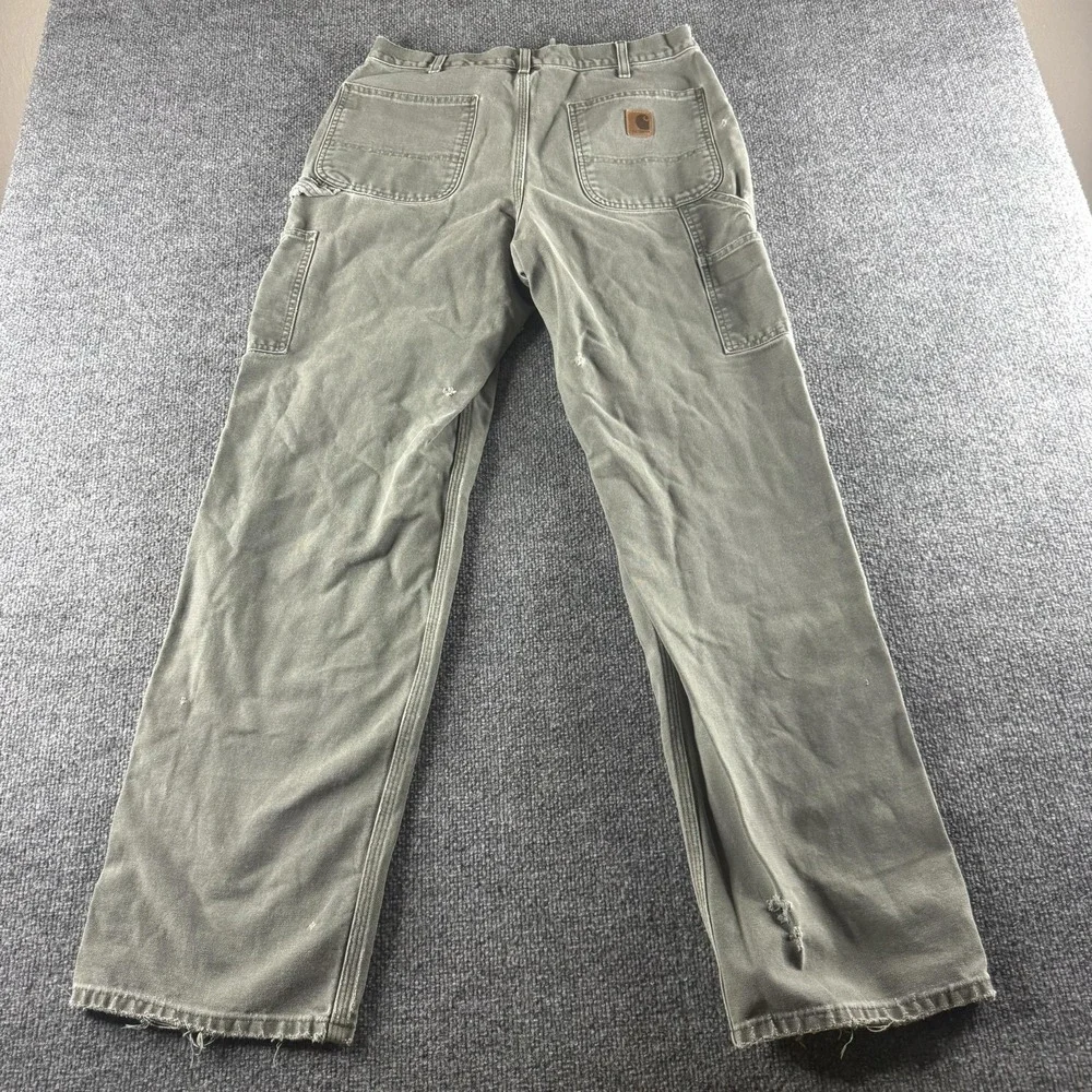 Carhartt Pants Mens 34x32 Green Canvas Carpenter Workwear Distressed Holes